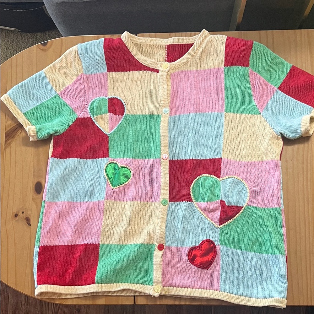 VTG Valentines Patchwork heart sweater short sleeve cardigan embroidered Large